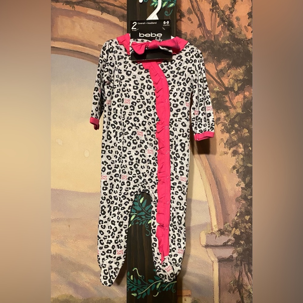 bebe leopard print snap up, footed coverall set